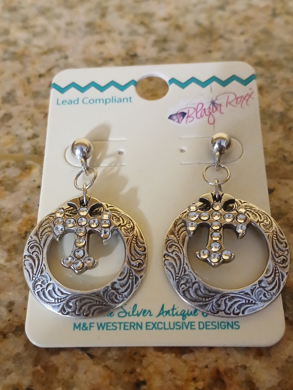 Blazin Roxx Silver Tone Rhinestone Cross Hoop Earrings